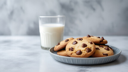A plate of chocolate chip cookies served with a glass of milk on a marble surface