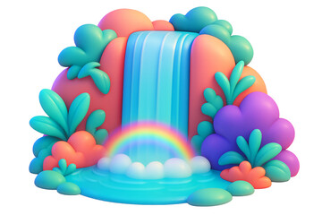 Naklejka premium Cartoon-style waterfall with rainbow, colorful plants and hills, isolated on white background, concept of fantasy nature scene. Ai generative