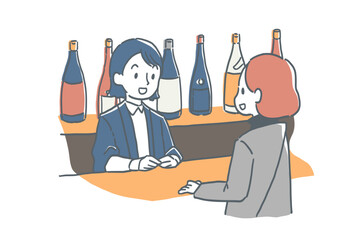 酒屋で接客している女性店員と女性客のイラスト