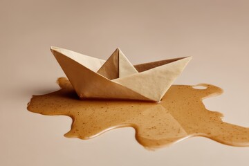 Paper boat in brown liquid puddle representing a challenging situation or failed journey
