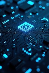 Close Up of Glowing Blue Microchip on Circuit Board