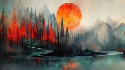 Geometric forest and angular mountains encircling a flowing river. Muted color scheme, abstract landscape painting.