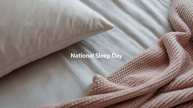 National Sleep Day celebrated with a cozy bed setup featuring a pillow and knitted blanket - Powered by Adobe