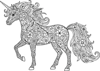 Decorative Floral Unicorn Coloring Page for Adults and Kids – Intricate Fantasy Animal Line Art for Relaxation and Creativity