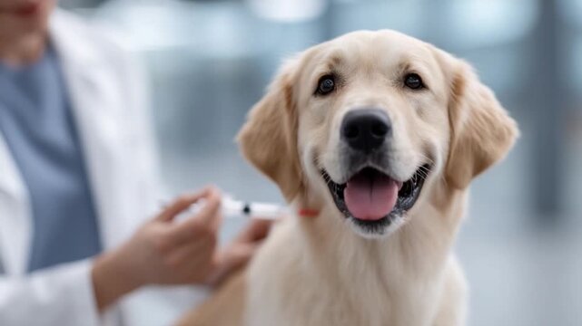 This footage showcases a golden retriever at the vet. It highlights the importance of regular check-ups for pets. A joyful moment captured with a focus on pet health. Generative AI