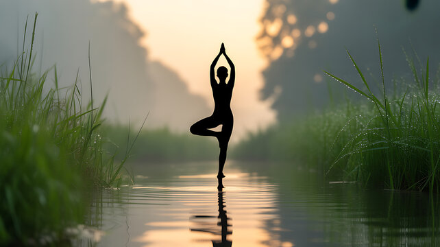 Silhouette of a person practicing yoga in a serene natural setting at sunrise, reflected in calm water surrounded by tall grass.
