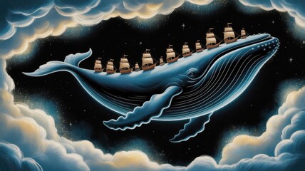Giant whale carrying a fleet of sailing ships through a cloudy night sky