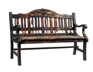 Aged wooden park bench, dark stained, carved details
