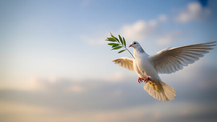 White dove in flight carrying an olive branch against a clear blue sky
