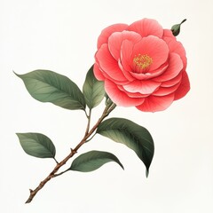 Vibrant Camellia Blossom with Lush Green Leaves on White Background