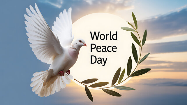 White dove with olive branch against sunset sky for World Peace Day