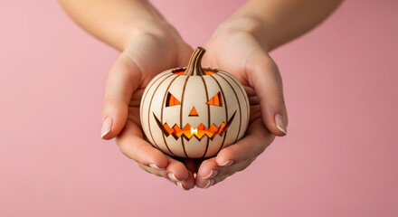 Carved pumpkin held in hands