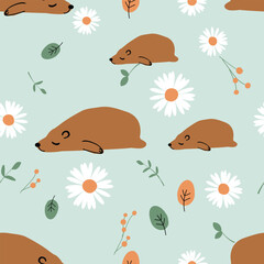 Seamless pattern with sleeping bear cartoons, daisy flower, berry branches and falling leaves on green background vector.