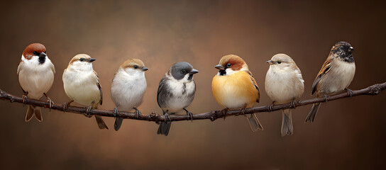Seven small birds perch together on a thin branch against a blurred brown backdrop, creating a peaceful and harmonious scene in nature.