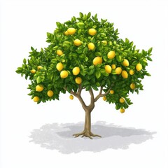 Lush Lemon Tree with Bright Yellow Lemons on White Background