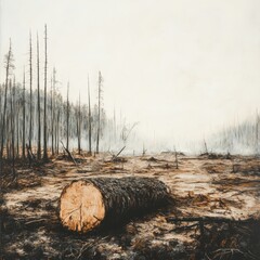 Deforested Landscape with Fallen Tree Trunk and Foggy Background