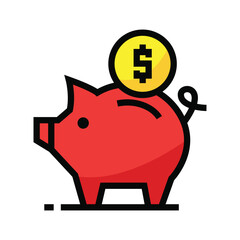 Red piggy bank with a dollar coin on its back