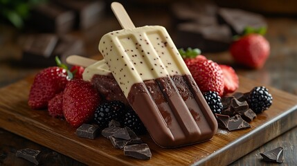 Refreshing Neapolitan popsicle with vivid layers of chocolate vanilla and strawberry partially melting on a wooden board next to fresh berries and chocolate pieces for garnish