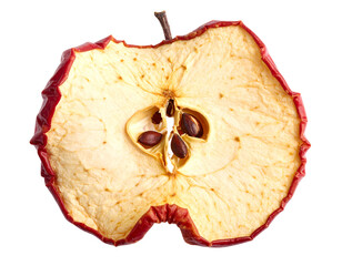 Dried apple slice,  reddish-brown exterior, pale yellow interior, seed visible