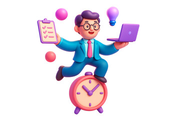 Obraz premium Cartoon businessman holding laptop and checklist, standing on clock, colorful and isolated on white background, symbol of productivity. Ai generative