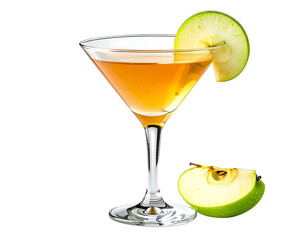 A martini glass filled with an amber-colored apple drink, garnished with apple slices