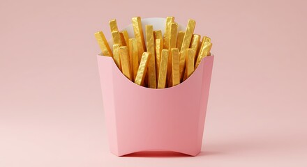 A stylized 3D render of gold French fries in a solid pink minimalist box, set against a matching pink background