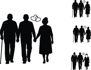 Senior Couple Walking Hand in Hand with Love Heart Symbol, Elderly Companionship, Aging Together Concept Silhouette Vector