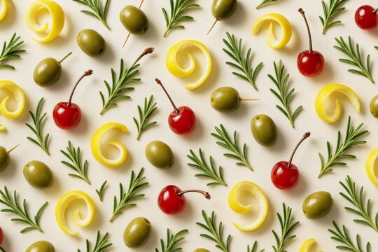 Pattern of green olives, cherries, rosemary sprigs, and lemon peels on light background forming a fresh cocktail garnish concept. Ai generative. Ai generative