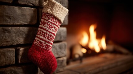 Knitted christmas stocking hanging on a brick fireplace with a cozy fire