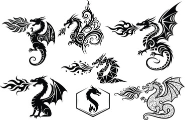 Set of Tribal Dragon Vector Silhouettes with Fire Breathing Designs – Fantasy Tattoo Style Mythical Creatures for Graphic Art Use