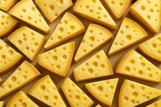 Slices of Swiss cheese with holes arranged in seamless diagonal pattern on a light brown background in a creative and playful food concept image. Ai generative