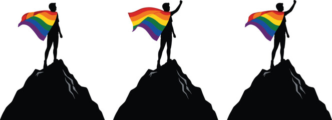 Silhouette figure on mountain with rainbow LGBTQ pride flag cape, celebrating freedom, empowerment, equality, and LGBTQ+ community victory.