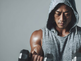 man in sleeveless hoodie lifting dumbbel