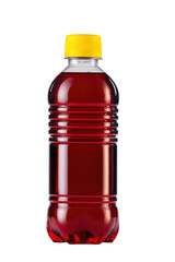 Red liquid filled plastic bottle with yellow cap isolated on a transparent background drink beverage