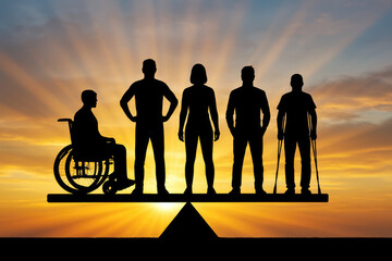 Fototapeta premium Diverse People Silhouettes on Scales of Justice Against Sunset Sky