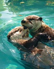 Two otters embracing in water