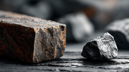 Fototapeta premium Raw molybdenum ore crystals on black shale with metallic reflections,showcasing strategic mineral resources and clean energy materials for industrial use.