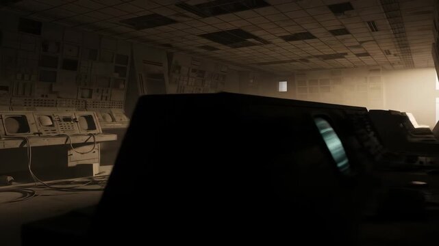 Vintage abandoned control room with computer equipment, control panels, wires, and dim lighting, perfect for technology, industry or science concepts.