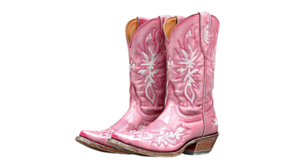 Stylish pink cowboy boots standing upright isolated on white background**
