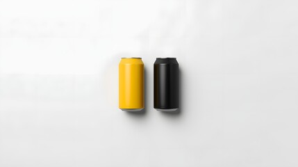 Two metallic beverage cans in black and yellow color standing side by side on clean white background, minimalist mockup design for branding, packaging, advertising and product presentation