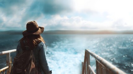 A woman wearing a hat and backpack stands on a ferry deck looking out at the vast ocean and cloudy sky during her journey