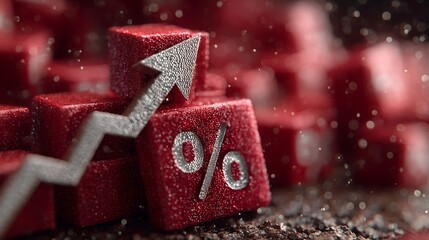 Discount sale icon illustration featuring a glass and a rising percentage symbol among red blocks in an inviting retail setting