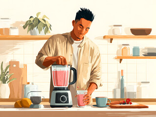 man preparing a smoothie with a blender 