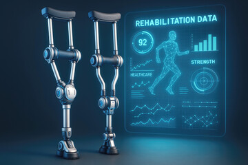 Futuristic robotic crutches with holographic rehabilitation data display technology