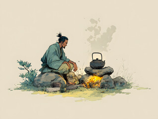 man sitting by a campfire