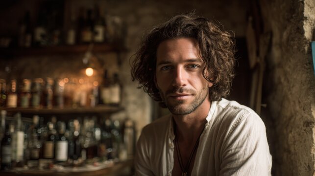 Handsome man with curly hair sitting at a bar surrounded by a variety of bottles in a cozy, rustic setting