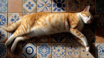 Ginger tabby cat relaxing on colorful tiled floor in bright sunlight during midday