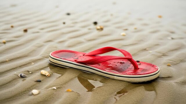 Lost red flip-flop sandal on a sandy beach with shells at daytime, summertime