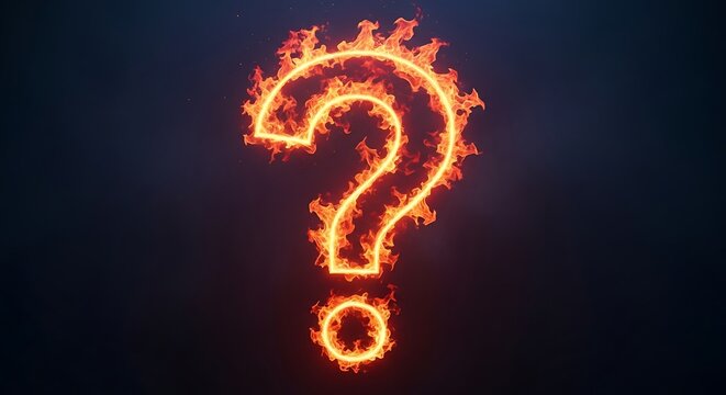 A fiery question mark symbol stands out against a dark background, radiating intense orange-red flames.