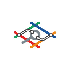 Metro Train Route Map with Magnifying Glass Research and Education Logo Design Vector